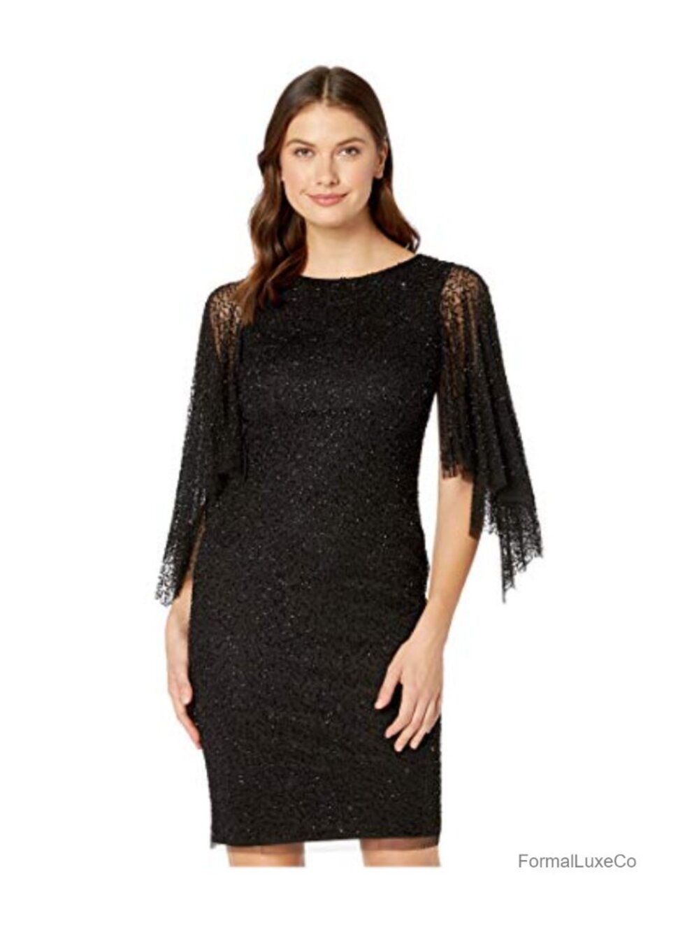 Beaded Flutter Sleeve Sheath Cocktail Dress